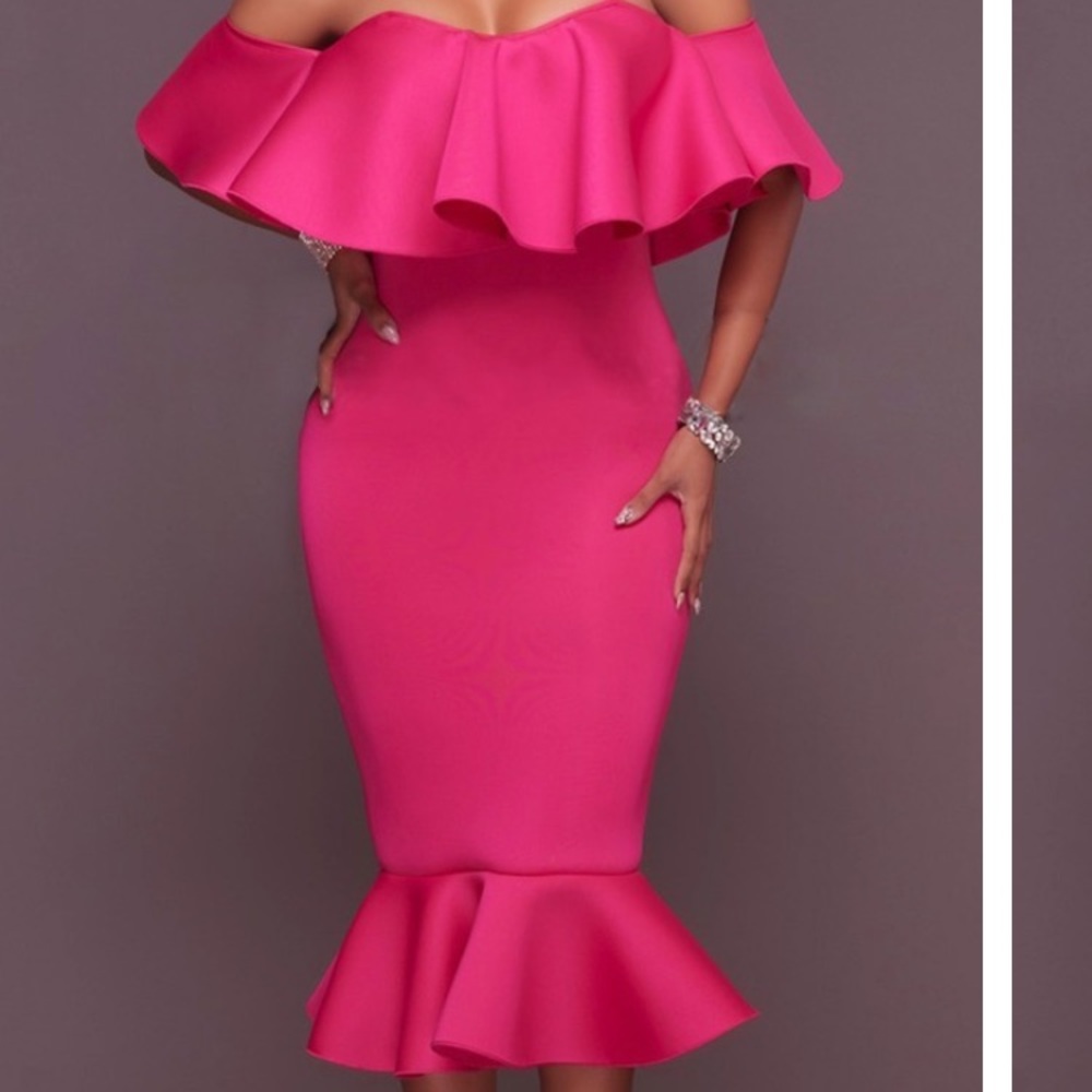Flounced Off Shoulder Mermaid Sexy midi Dress XL